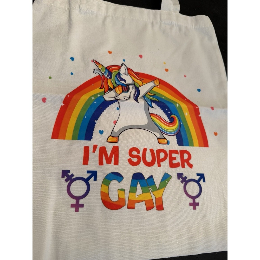 I'm Super Gay, Canvas Tote Bag Cloth Shopping Bag LGBTQ+ Rainbow & Unicorn NEW - Picture 2 of 5